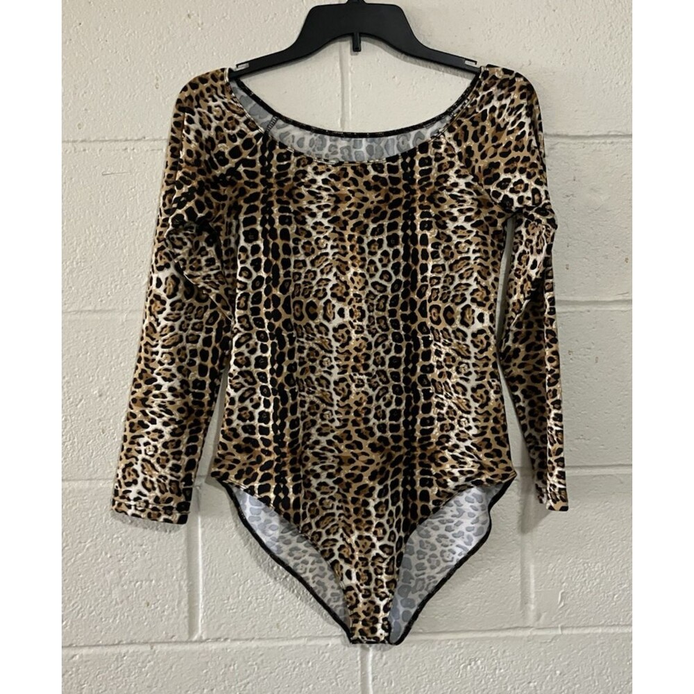 MANGOPOP Women’s L Brown Animal Print Bodysuit Long Sleeve Round Neck Top